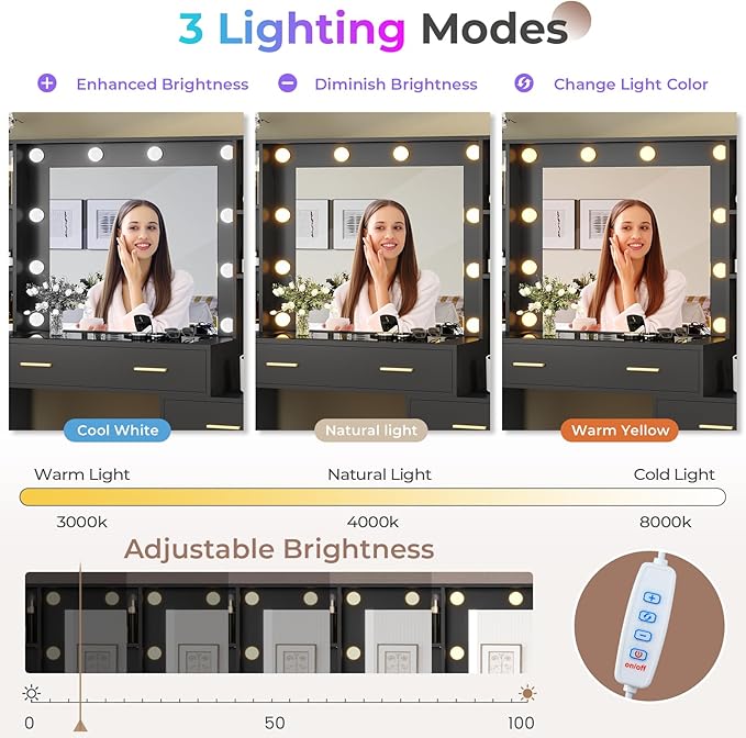 Hasuit 48.8'' Large Vanity Desk with Lighted Mirror & Power Outlet, Black Makeup Vanity Table with 6 Drawers, 4 Shelves and 1 Storage Cabinet, Glass Tabletop Bedroom Dressing Table, 3 Lighting Modes