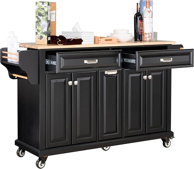 Rolling Solid Wood Kitchen Island with Rubberwood Top, 3 Drawers, 2 Cabinets, Adjustable Shelves, Spice Rack & Locking Wheels – Painted Finish, Black