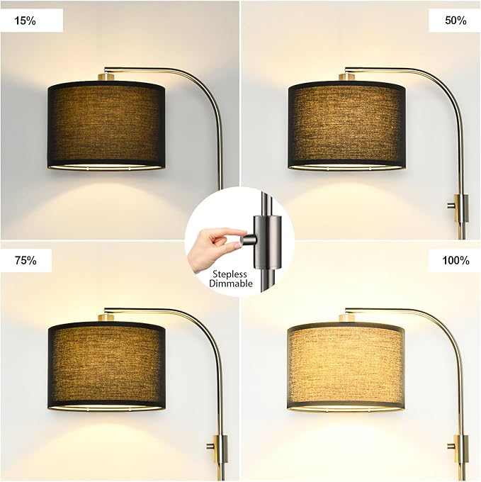 【Upgraded】 Dimmable Floor Lamp, 1200 Lumens LED Bulb Included, Brushed Nickel Arc Floor Lamps for Living Room Modern Standing Lamp with Black Shade, Tall Lamp for Living Room Bedroom Office Office