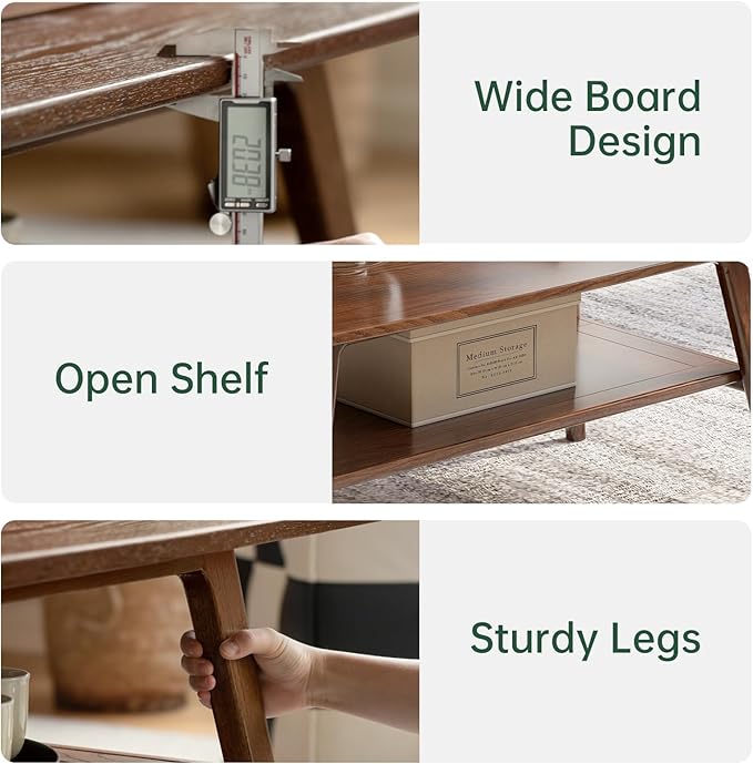 100% Solid Wood Coffee Table for Living Room, 31.5" Mid Century Modern Small Tables with Shelf Storage, Storage Coffee Table with Rounded Corners (Oak Wood Walnut Color, 31.5" L)