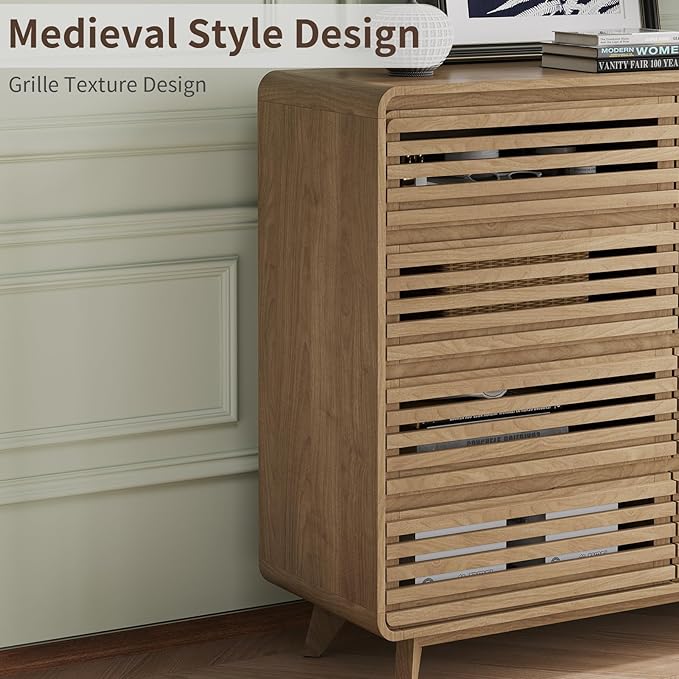 Fluted Dresser for Bedroom, Wide 8 Drawers Dresser, Chests of Drawers with Grille & Curved Design, Dressers Slides Pre-Installed, Large Wood Drawer Organizer for Bedroom Hallway, Natural Oak