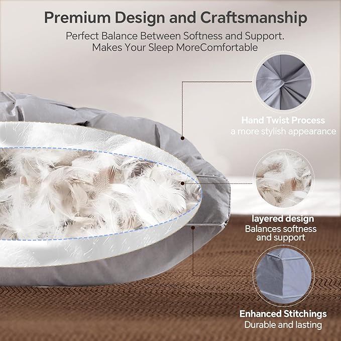 QUTOOL Luxury Hotel Goose Feather Pillow, 100% Cotton, Soft Support Pillow, Suitable for Sleepers on The Back, Sides, and Stomach, Set of 2 Queen Size Bed Pillows (16" x 28"), Gray