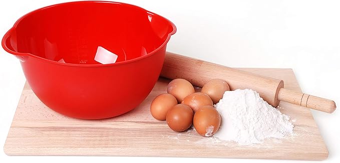 Mintra Home Mixing Bowl w/Colander (Large 4.5L, Red) - For Washing & Draining Fruits And Vegetables - Heavy Duty Plastic for Baking, Cooking Supplies - Dishwasher Safe