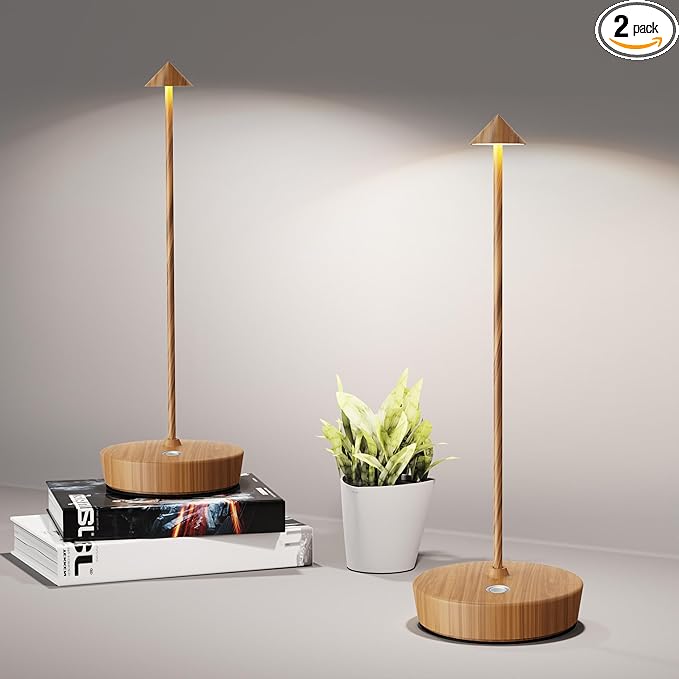 Cordless Table Lamps Rechargeable, 6000mAh Battery Operated LED Desk Lamp Outdoor Waterproof Portable Touch Dimmable Table Light for Patio Restaurant Dining Home Set of 2 Wooden