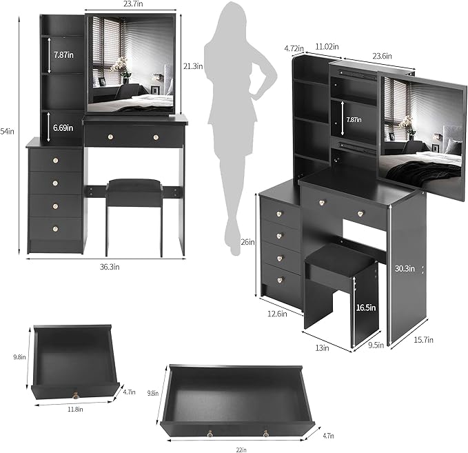 37" Vanity Desk with Mirror, Makeup Table with Sliding Mirror, Dressing Table with Multi Layer High Capacity Storage, Vanity Set with Drawers and Stool for Bedroom, Black