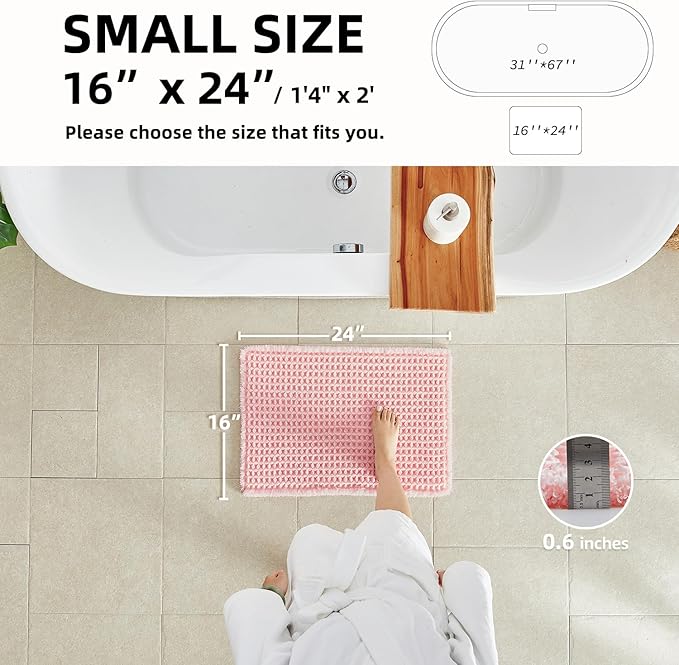 Light Peachy Pink Bathroom Rugs, Waffle Bath Mat Non Slip Washable Quick Dry Cute Bath Mat Boho Farmhouse Bathroom Decor, 24"x16" Light Peachy Pink