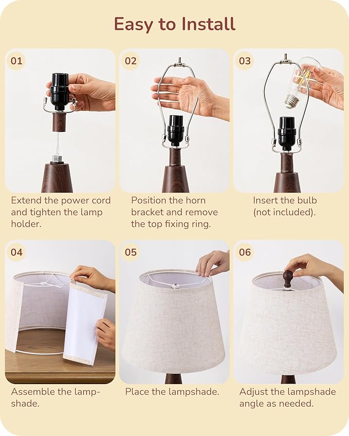 EDISHINE 21.85" Boho Table Lamp, Farmhouse Bedside Lamp, Water Transfer Red Wood Grain Metal Base, Beige Linen Shade, Rustic Nightstand Light for Living Room, Bedroom, Office, E26 Base