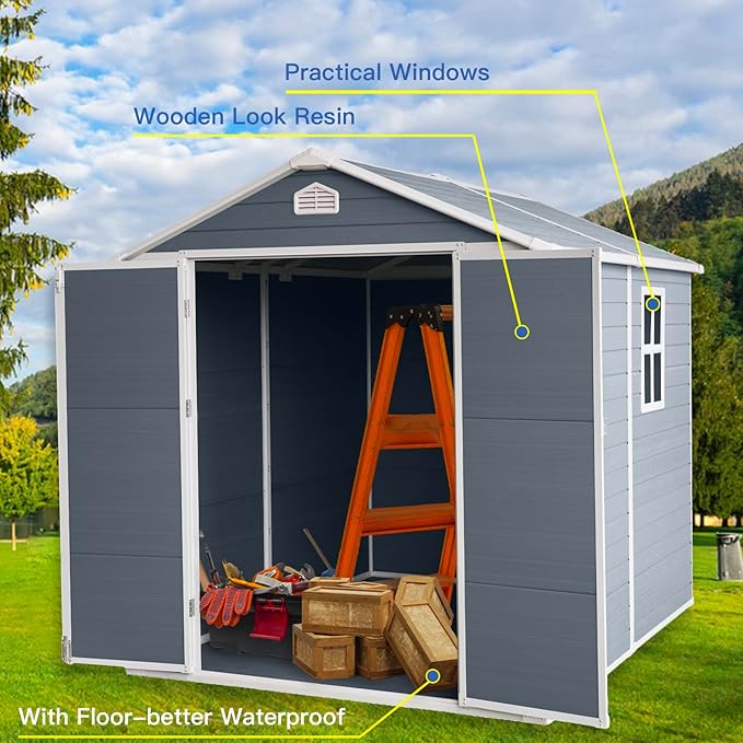 6' x 8' Resin Storage Shed Outdoor, PP Material & Strong Structure for All Weather, Plastic Garden Shed w/Window for Garden, Backyard, Poolside and Lawn, 15mm Thick PP Board - Light Grey