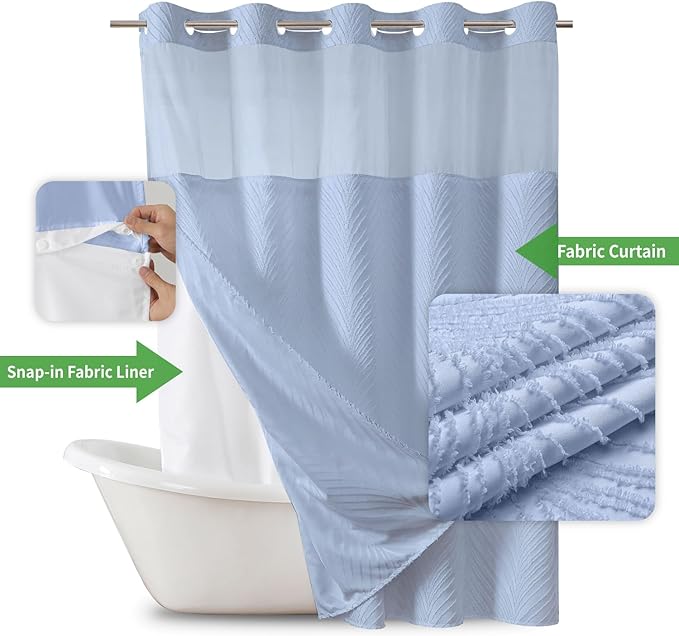 no Hook Shower Curtain and Liner Set，Boho Style with See Through Top Window, Blue Fabric Tufted Striped Textured Outer Curtain & Waterproof Inner Liner, FrostBlue, 71Wx74H