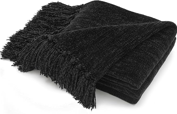 RECYCO Throw Blanket Soft Cozy Chenille Throw Blanket with Fringe Tassel for Couch Sofa Chair Bed Living Room Gift (Black, 50" x 60")
