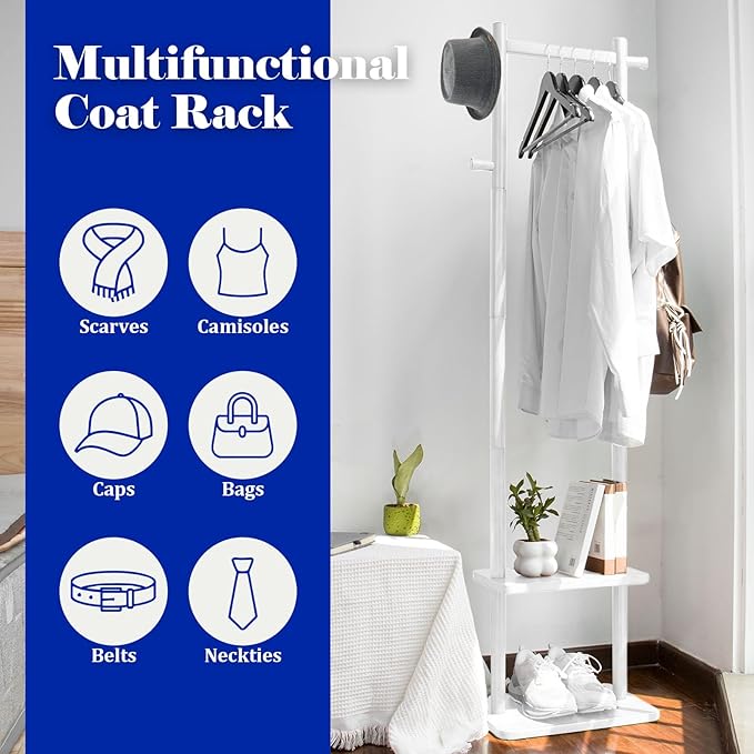 Wooden Coat Rack Stand,Heavy Duty Garment Rack with Shelves,Freestanding Clothes Rack Organizer for Entryway Bedroom Living Room(White)
