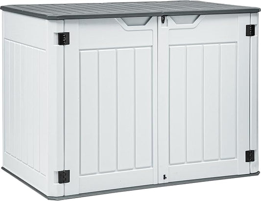 YITAHOME Large Outdoor Horizontal Storage Shed, 47 cu ft Resin Tool Shed w/o Shelf, Outdoor Waterproof Storage with Floor for Trash Cans, Garden Tools, Lawn Mower, Lockable, 4.5x2.8x3.9 ft, Light Gray