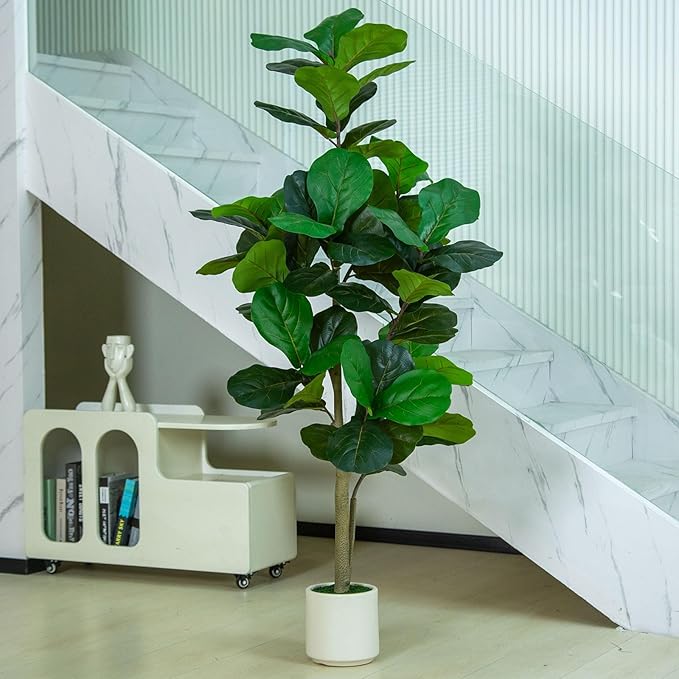 6FT Fiddle Leaf Fig Artificial Tree with White Planter Pot,Faux Floor Plant, Indoor and Outdoor Fake Plants for Home Office Decor
