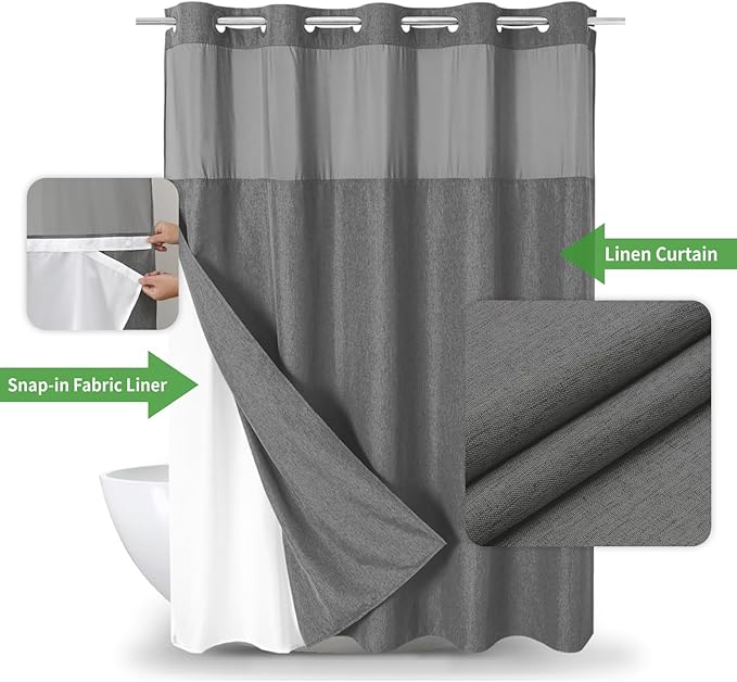 Extra Long No Hooks Needed Linen Textured Shower Curtain with Snap-in Fabric Liner Set,White Hotel Luxury Decor Shower Curtains for Bathroom,Waterproof & Washable,71Wx86H,Charcoal Grey