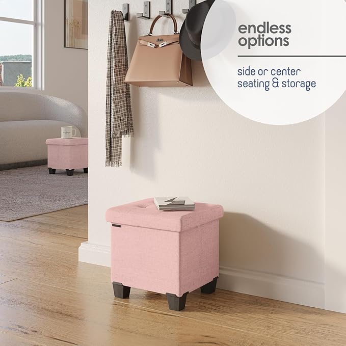 STORAGEBUD Storage Ottoman Cube with Small Bin, 16-in Square Ottoman with Storage for Living Room and Bedroom, Small Ottomans Foot Rest, Fabric Foot Stools Ottomans Max 330lbs, Pink