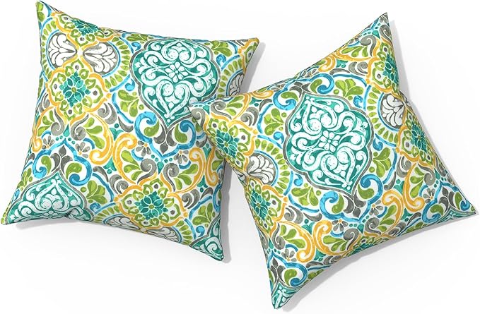 Outdoor Pillows for Patio Furniture 16x16 inch, Square Outdoor Throw Pillows with Inserts, Decorative Patio Pillows for Garden Couch Home Sofa Office Chair, Pack of 2,Damask Green