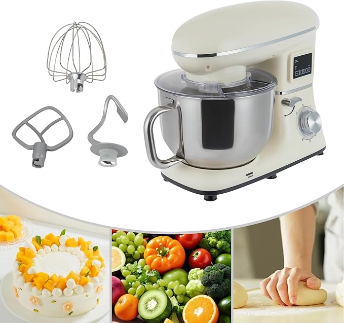 Stand Mixer 1350W Electric Tilt-Head Mixer with 6.5 QT Stainless Steel Bowl, 6 Speed with Pulse Kitchen Mixer, Food Mixer with Dough Hook, Flat Beater, Whisk, Splash Guard (White)