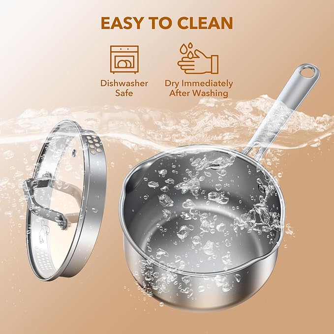 PekGema Stainless Steel Saucepan 3.5 Quart with Glass Strainer Lid, Thicken Tri-ply Full Sauce Pot, Two Side Spouts for Easy Pour, Dishwasher Safe, Induction Ready, Compatible with All Cooktops