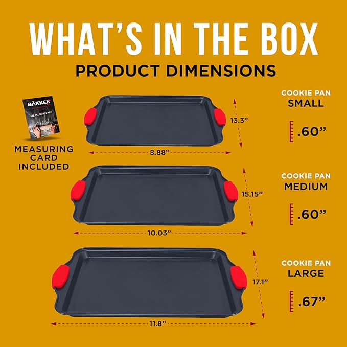 BAKKEN Kitchen Baking Pans - 15.15 x 10.03" Medium Nonstick Sheet, Durable Carbon Steel Cookie Sheet with Red Silicone Handles, PFOA, PFOS, PTFE Free, Oven Safe Tray (Up To 450°F), Set of 1