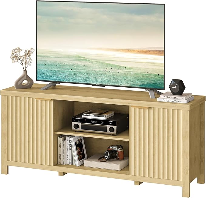 Fluted TV Stand for TVs up to 65'',Mid Century Modern Entertainment Center with Adjustable Shelves, Wood Media TV Console Cabinet with Fluted Doors for Living Roon Bedroom Natural LTV90Y