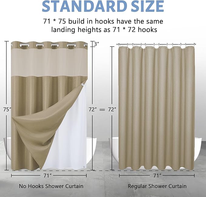 Furlinic Waffle Weave No Hook Shower Curtain with Snap in Fabric Liner Set,Heavy Duty Textured Bathroom Curtain with See Through Window,Waterproof & Machine Washable,Hotel Style,Beige,71x75 Inch