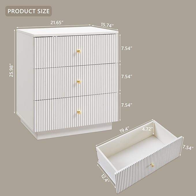 21.65" Night Stand with Charging Station, Fluted Nightstand with Drawer, 3 Drawer Dresser for Bedroom, Modern End Table Bedside Table Chests of Drawers for Bedroom, Living Room, Antique White