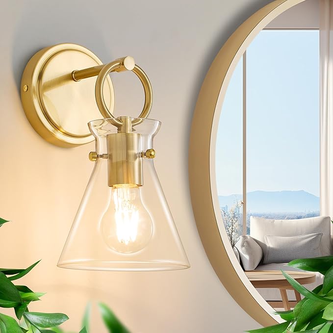 Gold Wall Sconce for Bathroom Modern Vanity Light Fixtures 1-Light Wall Mount Lighting Lamp Farmhouse Wall Lights with 6 Inch Clear Glass Shade for Bedroom Living Room Mirror Kitchen