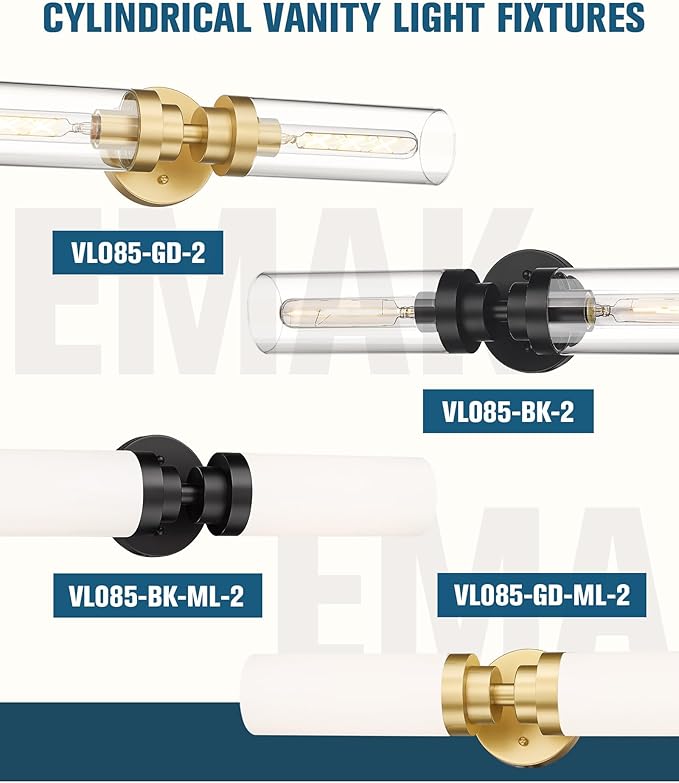 Emak Gold Vanity Lights for Mirror, 2-Light Bathroom Light Fixtures Over Mirror, Modern 21.69 Inch Wall Sconces with Milk Glass Shade for Bathroom, Bedroom, Hallway, VL085-GD-ML-2