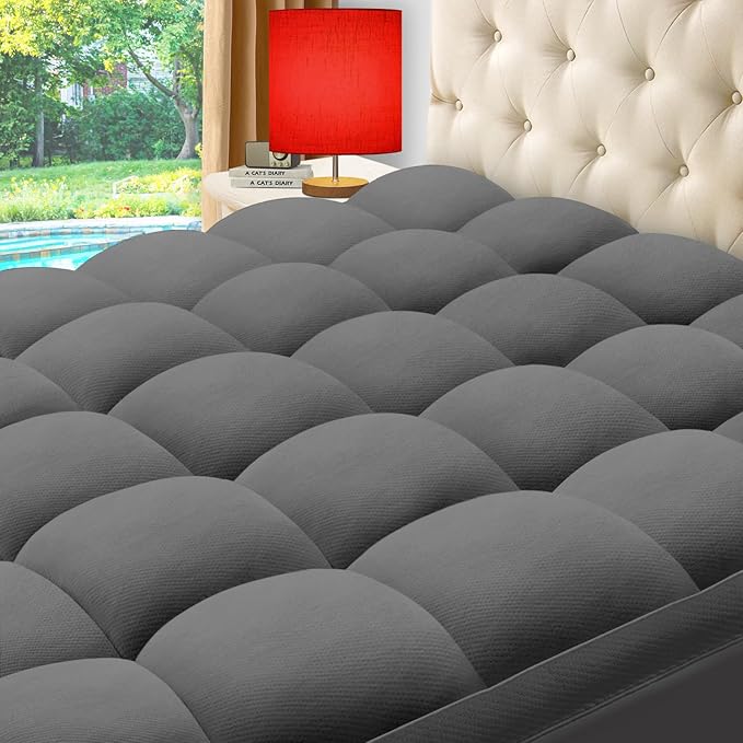 ELEMUSE Queen Grey Cooling Bamboo Viscose Mattress Topper for Back Pain, Extra Thick Mattress Pad Cover, Plush Soft Pillowtop with Elastic Deep Pocket, Overfilled Down Alternative Filling