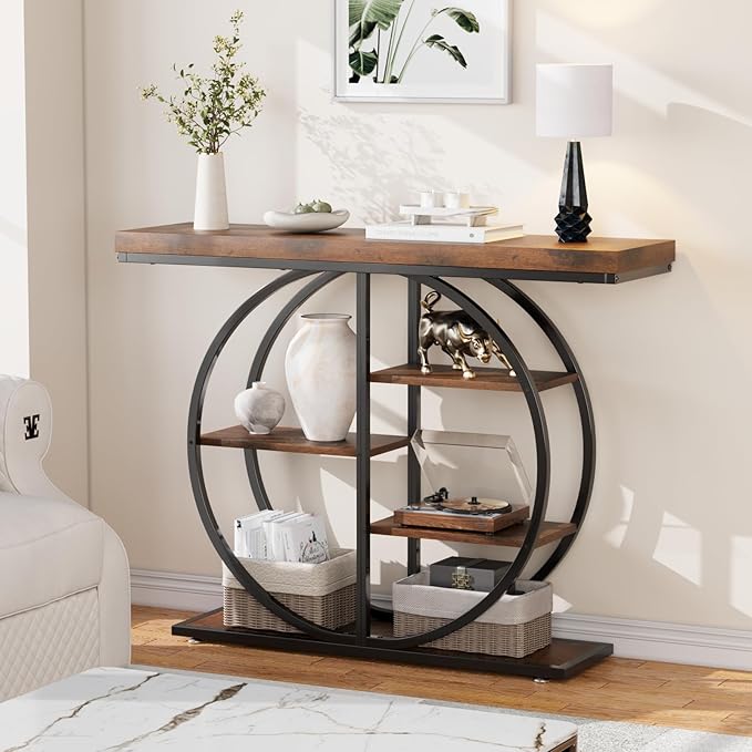 41.3" Console Table for Entryway, Industrial Hallway Sofa Table with Storage Shelves, Narrow Accent Decor Living Room Furniture with Circle Base for Foyer, Entrance, Rustic Brown
