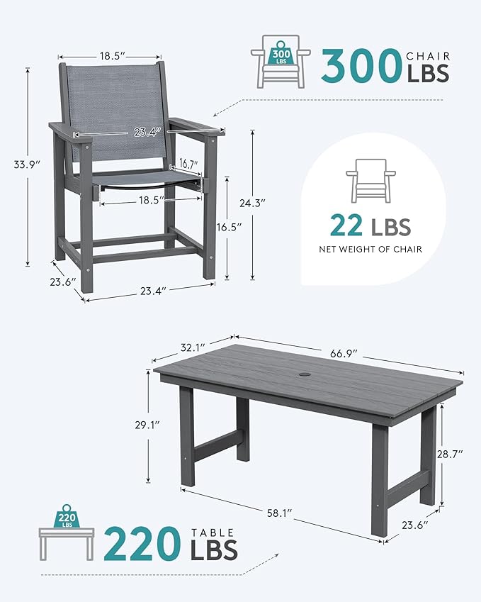 SERWALL 5 Piece Outdoor Dining Table Sets for 4 with 1 Umbrella Hole Cut-Out Rectangular Table and 4 Textilene Chairs, HDPE Dining Table Sets for Garden, Backyard, Poolside, Gray