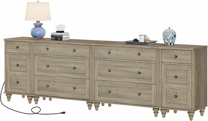 WAMPAT 100 inch TV Stand with 8 Drawers, TV Cabinet Entertainment Center for 75/80/85/90 Inch TV, Kids Dresser with 3 Drawers for Bedroom, Nightstands with Charging Station for Living Room, Wash Grey