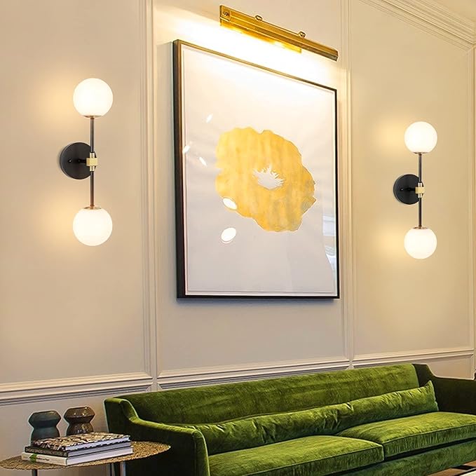 Modern Wall Sconce 2-Lights Industrial Mid Century Bathroom Vanity Wall Light with White Globe Glass Shade Gold & Black Finished Lighting Fixture