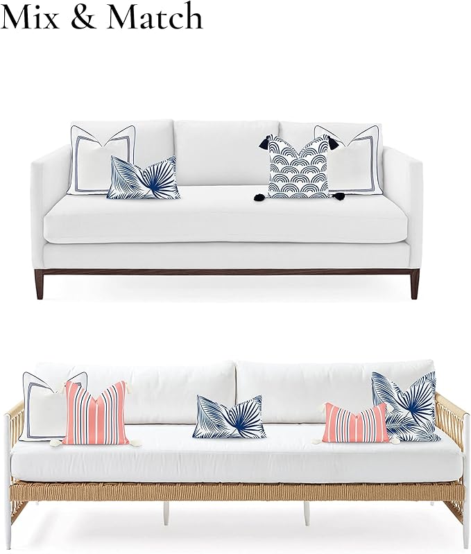 Hofdeco Premium Coastal Hampton Style Patio Indoor Outdoor Lumbar Pillow Cover Only, 12"x20" Water Resistant for Backyard, Couch, Navy Blue Palm Leaf