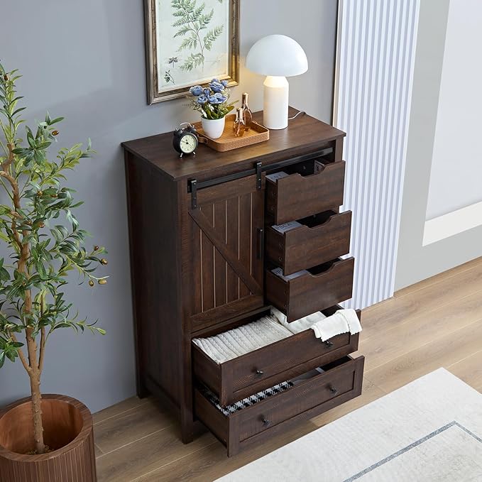 Farmhouse 5 Drawers Dresser for Bedroom, 48" Tall Dresser w/Sliding Barn Door, Rustic Dresser 5 Chest of Drawers, Storage Organizer Dresser for Bedroom, Hallway, Living Room, Dining Room, Espresso