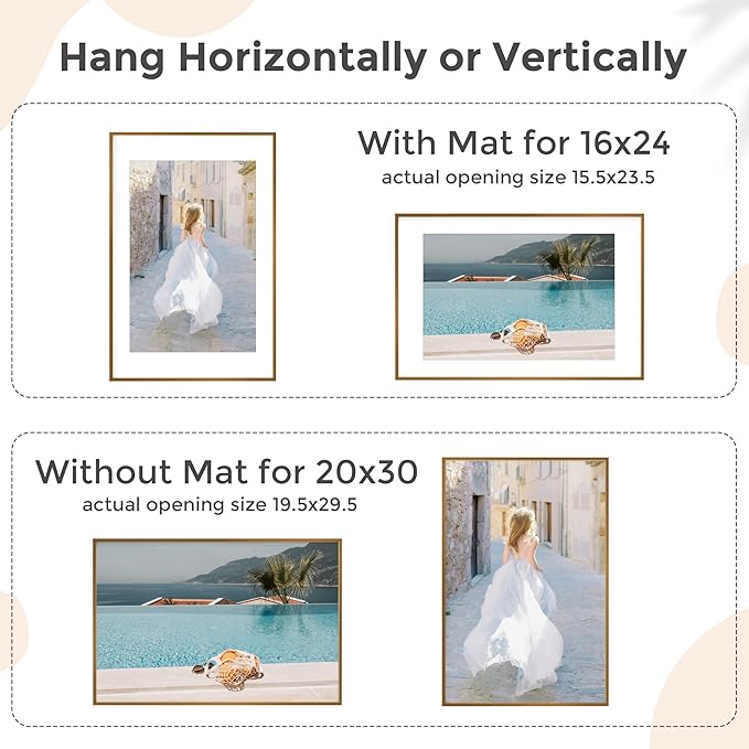20x30 Metal Picture Frame for Wall With Mat for 16x24, 20''x30'' Aluminum Photo Frames With Tempered Glass for Home Decor, Minimalist Modern Poster Frame Horizontal And Vertical Formats, Bronze