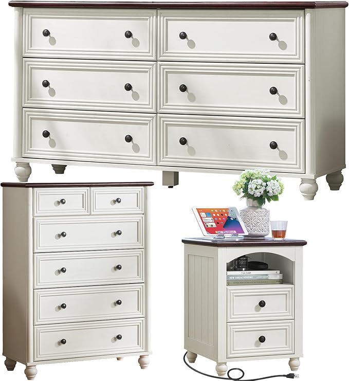 Farmhouse Dressers & Night Stand Set of 3, Wood 54" Wide 6 Drawer Dresser & 43.5"Tall Chest of Drawers, 18" with Charging Station Nightstand, Bedroom Furniture Dresser Set for Home Living Room Hallway