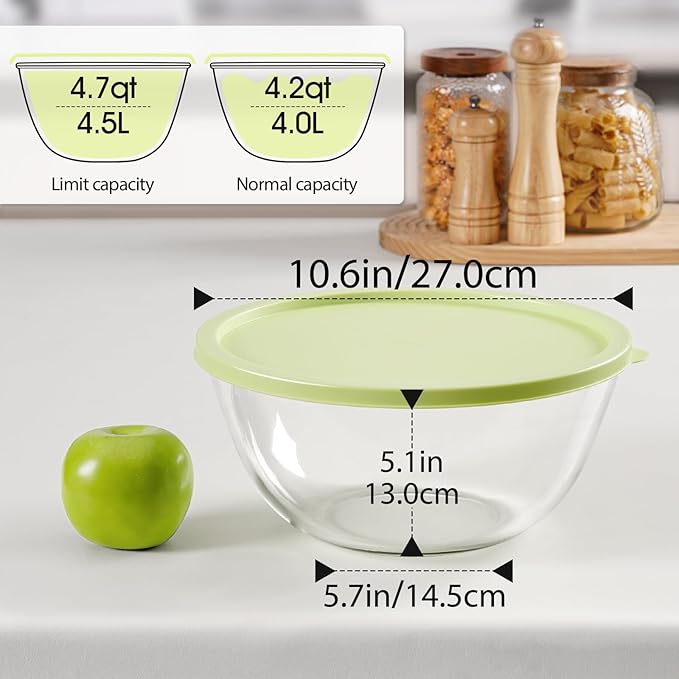 NUTRIUPS 4.7 Quart Large Glass Mixing Bowl with Lid, Deep Big Glass Bowl Large Salad Bowl (Spring Pine Green)