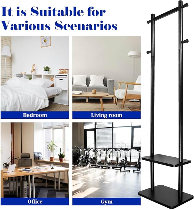 Coat Rack,Freestanding Hall Tree for Entryway Home Bedroom Office,Sturdy Wooden Coat Hanger Stand for Clothes Jacket Hats Bags(Black)