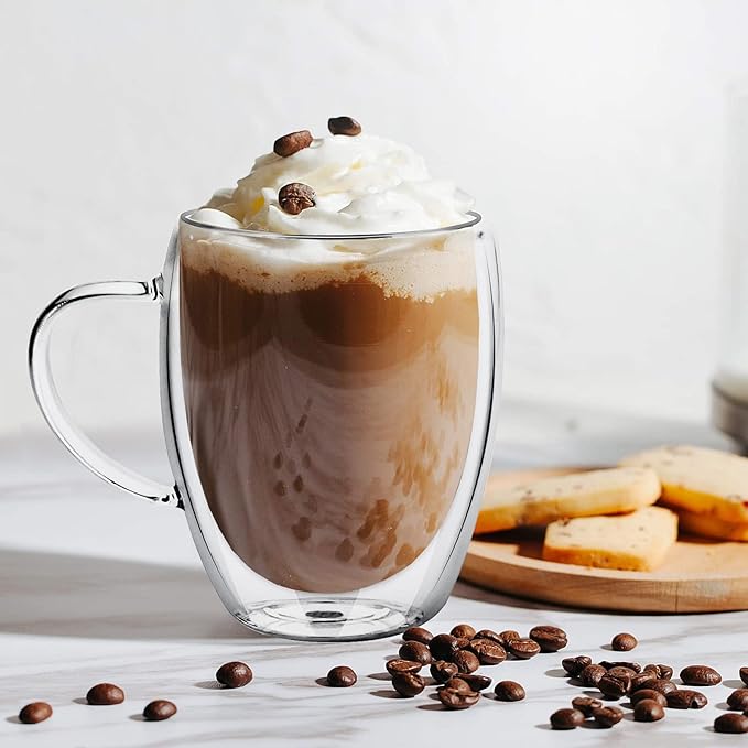 Espresso Cups, Double Wall Glass Coffee Mugs with Handle, Clear Coffee Cups, Cappuccino Lattee Tea Cup, Insulated Glassware for Hot Cold Coffee,4 Pack,12 oz