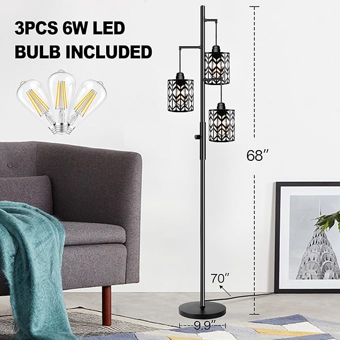ROTTOGOON Dimmable Floor Lamp, Industrial Standing Floor lamp for Living Room, Tall Farmhouse Rustic lamp with 3 LED Bulbs, Tree Floor Lamp for Bedrooms, Living Room, Home Office, Metal, Black, 68"