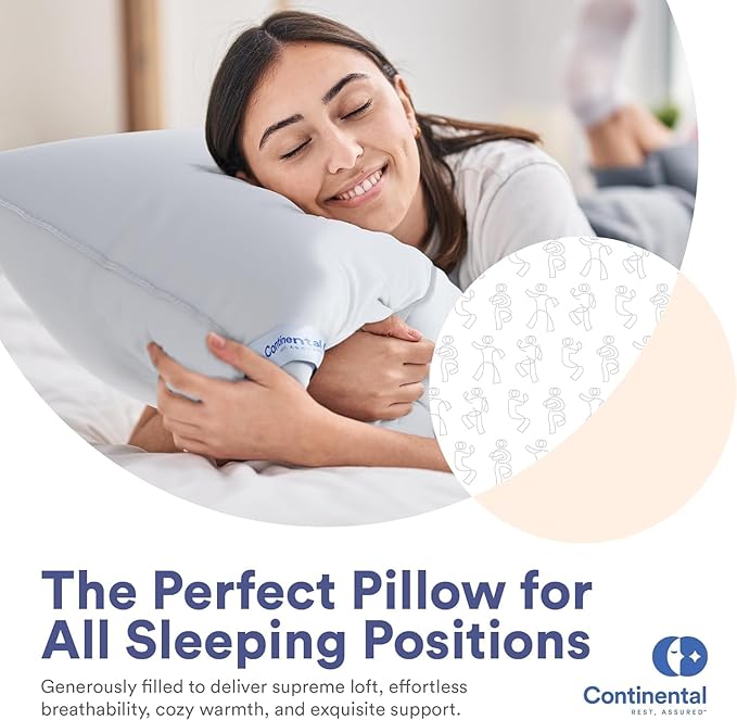 Continental Bedding Medium Queen Set of 2 White Down Pillows 25 Ounce 550FP Hotel Down Pillows for Supporting Back Side and Stomach Sleepers