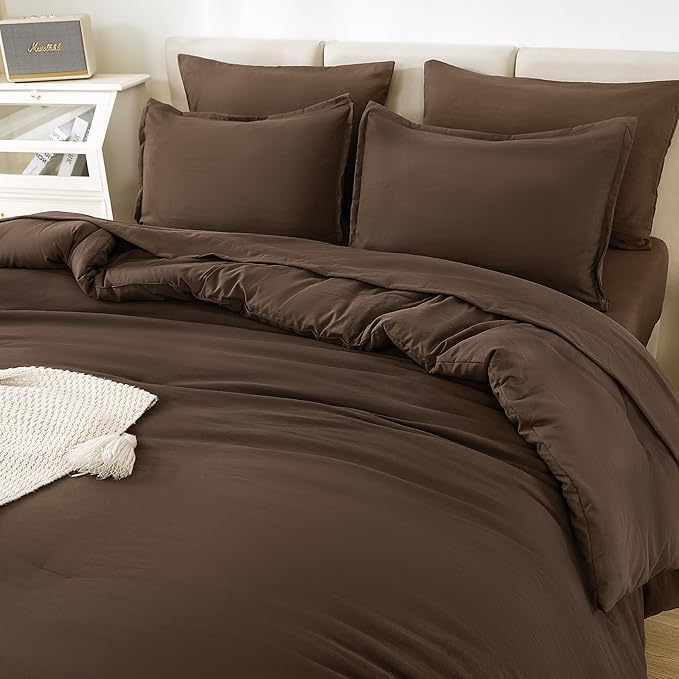 Litanika Queen Comforter Set Brown - 7 Pieces Bed in a Bag Queen Bedding Comforter Sets, Solid Lightweight Bed Set with Comforter, Sheets, Pillowcases & Shams