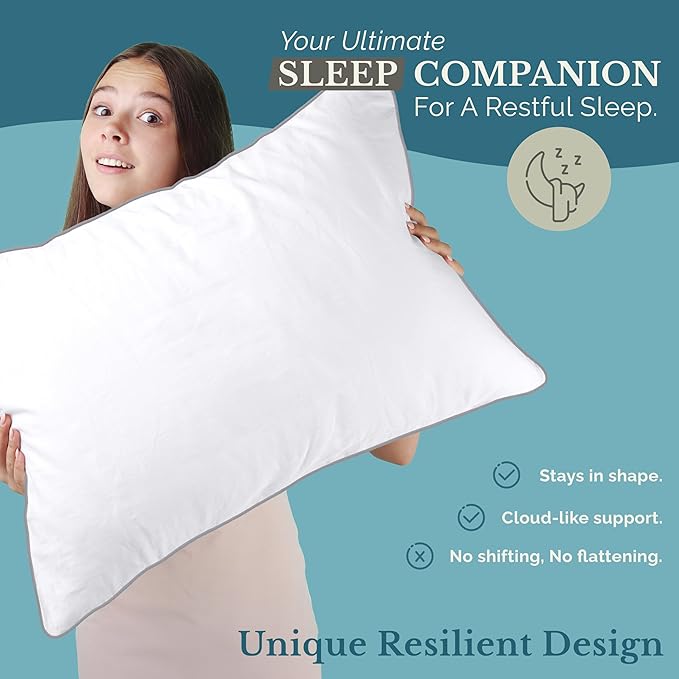 Casa Platino Bed Pillows Queen Size Set of 2 - Firm, Cozy & Soft Pillows for Adults- Pack of 2 – Luxury Queen Size Bed Pillow for Side, Back & Stomach Sleepers - White