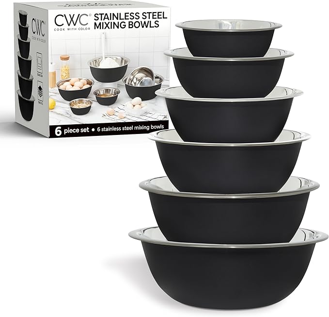 COOK WITH COLOR Stainless Steel Mixing Bowls Set - Nesting Bowls, 6 Pieces, Black