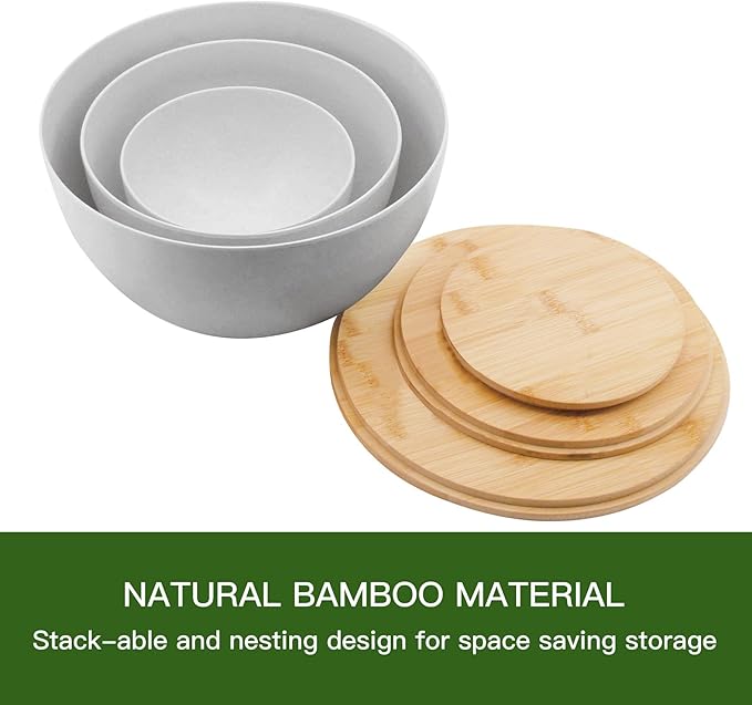 Salad Bowl Set of 3 with Bamboo Wooden Lids, Mixing Bowls Set, Nesting Bowls for Space Saving Storage, Made with Durable Eco-Friendly Bamboo Fiber, Great for Prepping and Serving Food, Grey