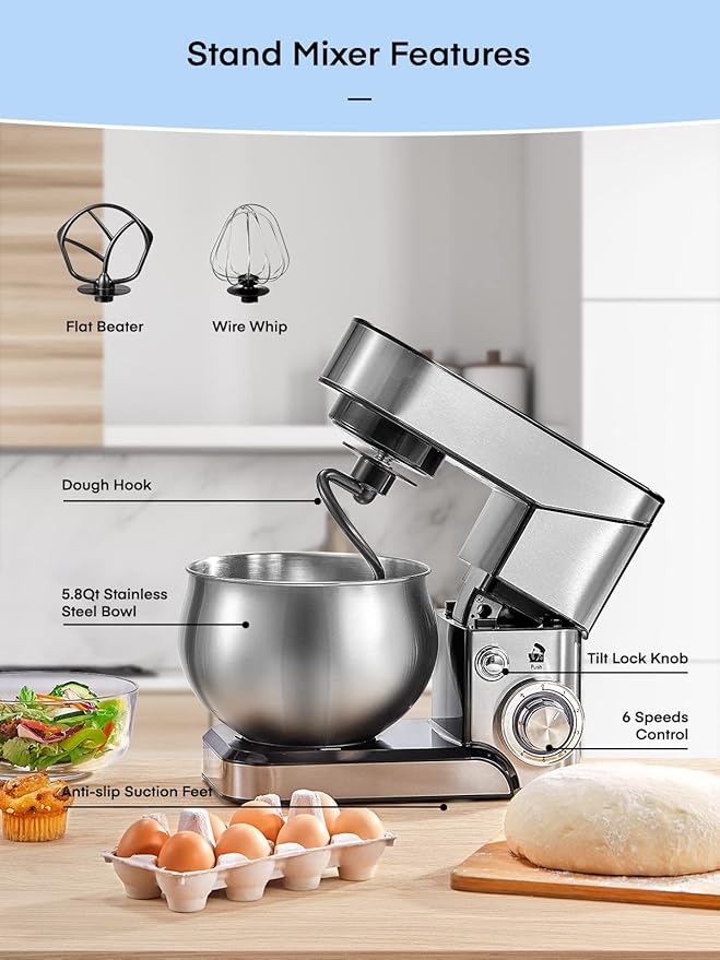 Stand Mixer FOHERE, 5.8 QT Stainless Steel Mixer with Dough Hook, Mixing Beater, Wire Whip, Dishwasher-safe, 6+P Speeds Tilt-Head Kitchen Dough Mixers for Cake, Electric Home Cooking Kitchen Mixer