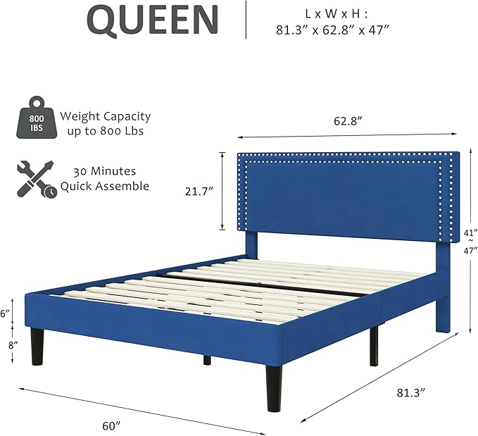 VECELO Queen Size Bed Frame with Adjustable Upholstered Headboard, Wooden Slats Platform, Noise-Free Design, Easy Assembly