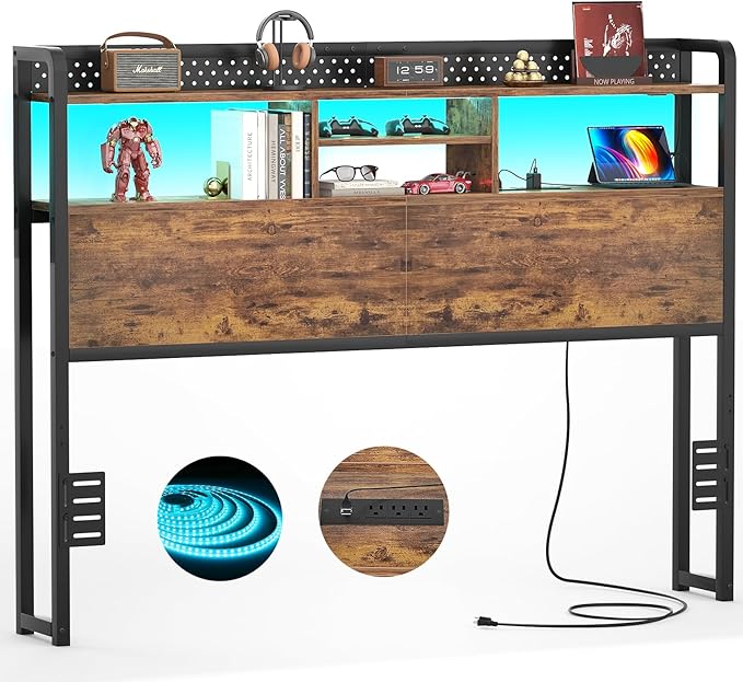 Unikito Headboard for Queen Size Bed with Storage Shelf, Head Board with 3 Outlets and 2 USB Ports, Headboards with RGB LED Light, Height Adjustable, Sturdy and Stable, Easy Assembly, Rustic Brown