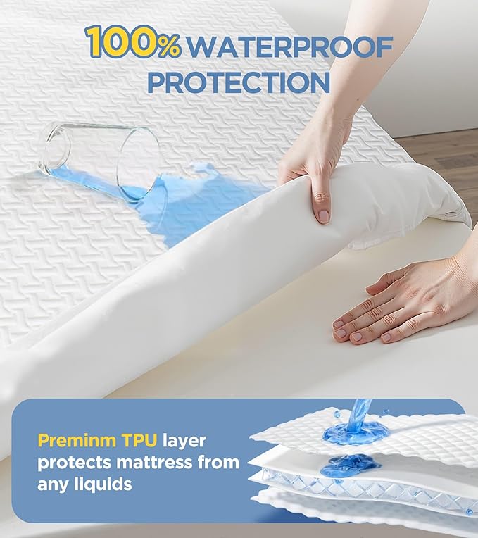 100% Waterproof King Mattress Protector, Hypoallergenic Viscose Made from Bamboo Mattress Cover, Breathable Cooling 3D Air Fabric Noiseless Bed Cover, Machine Washable Vinyl Free 8-16'' Deep Pocket